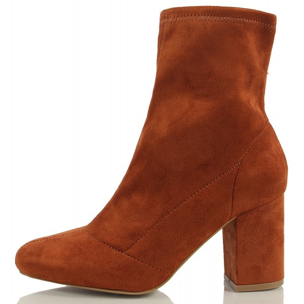 Women's Faux Suede Pull on Chunky Heel Ankle Bootie - Cognac - C512L3O2M77