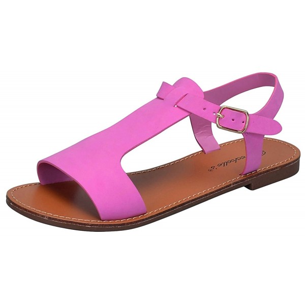 Breckelle's Women's Slingback T-Strap Buckle Flat Sandal - Pink ...