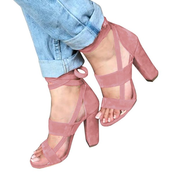 pink lace up block heels