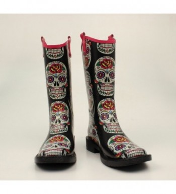 Ladies Gwen Rose Skull Square Toe Rain Boot - Multicolored - C812MZF9NWO