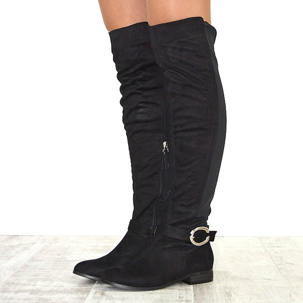 Womens Synthetic Over The Knee Low Block Heel Buckle Boots - Black Faux ...