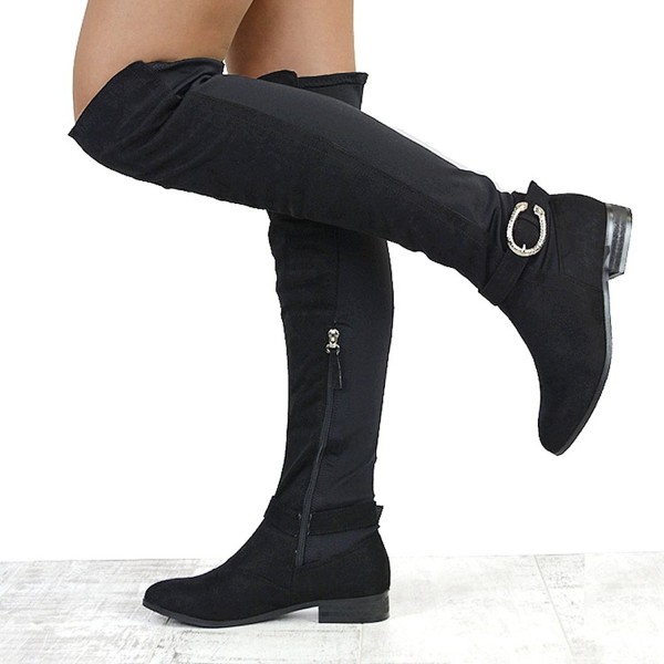 Womens Synthetic Over The Knee Low Block Heel Buckle Boots - Black Faux ...