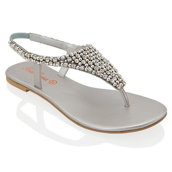 Womens Diamante Pearl Toe Post Flat Sandals - Silver - C011CAB16D3