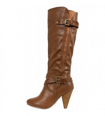 Merton-34 Women's Buckle Knee High Chunky Stacked Heel Boot - Cognac ...