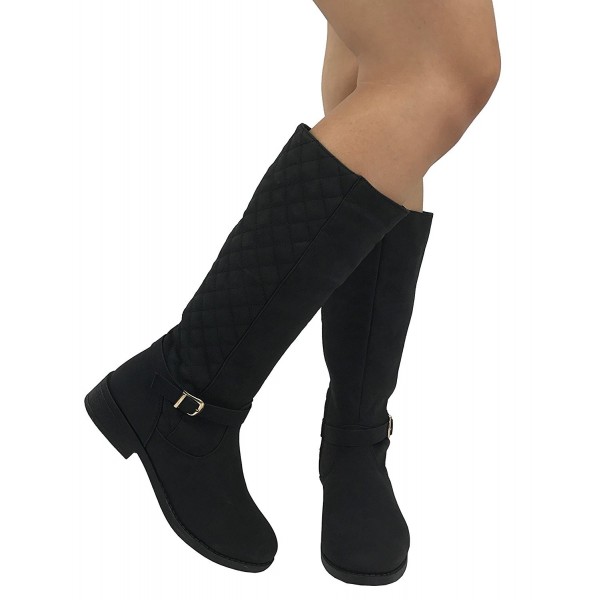 Womens Quilted Knee High Boots Soft Faux Suede Flat Heel With Side ...