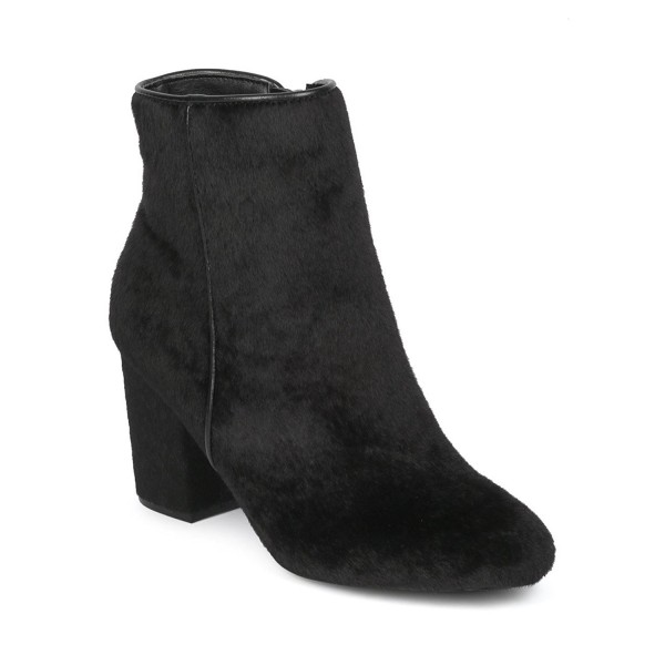 Women Round Block Heel Bootie - Black Faux Fur - CW187GK70IO