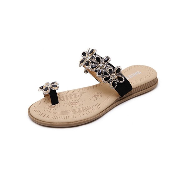 Women's Bohemian Flowers Rhinestones Toe Ring Slide Flat Sandals ...