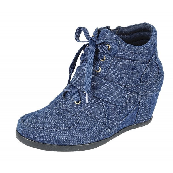 Women's Closed Round Toe Lace-Up Strappy Sneaker Wedge - Blue Denim ...