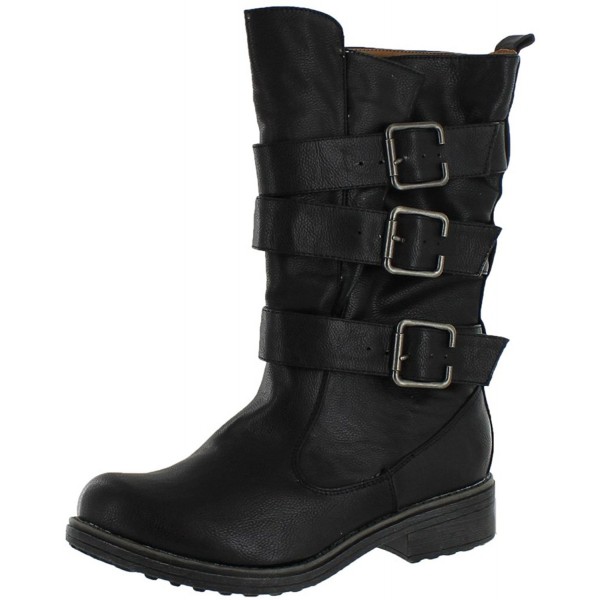 RAGGAE-01 Strappy Buckle Mid Calf Combat Boot - Black - CL116RRQ4ST