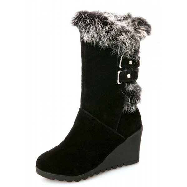 Women's Comfy Buckled Faux Fur Lined Wedge Mid Calf Snow Boots Winter ...