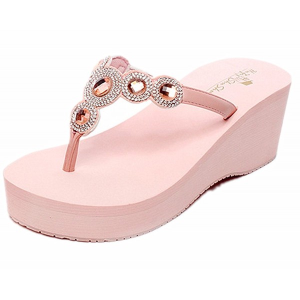 Womens Summer High Wedge Beach Sandals Rhinestone Bohemia Flip-flops ...