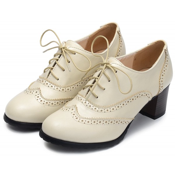 Womens PU Leather Oxfords Brogue Wingtip Lace Up Chunky High Heel Shoes ...