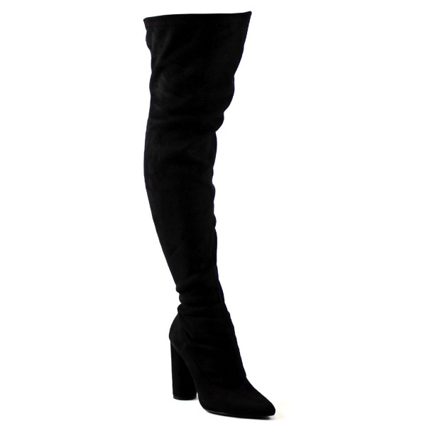 Womens Fitted Pointed Toe Stretch Thigh High Fashion Block Heel Boots ...