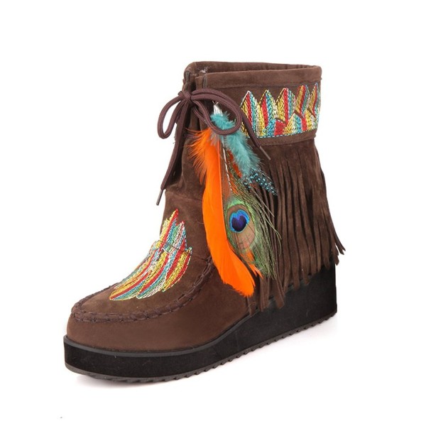 Womens Embroidered Feather Tassels Booties