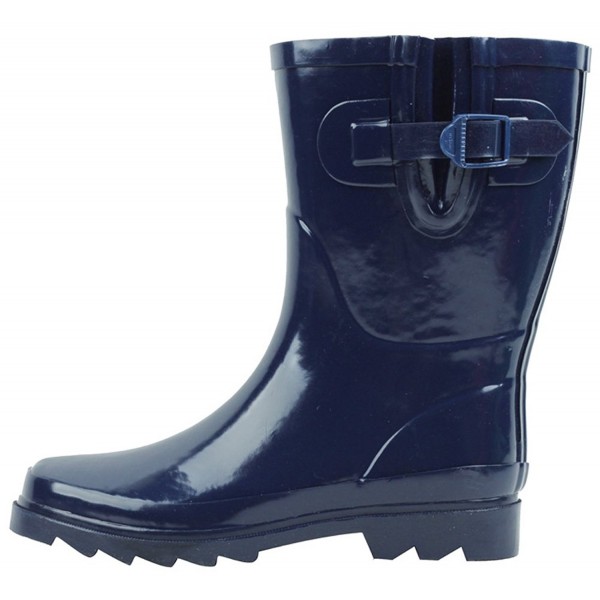 Women's Waterproof Pull On Mid Calf Welly Rain Boot - Navy - C0187C3EZ67