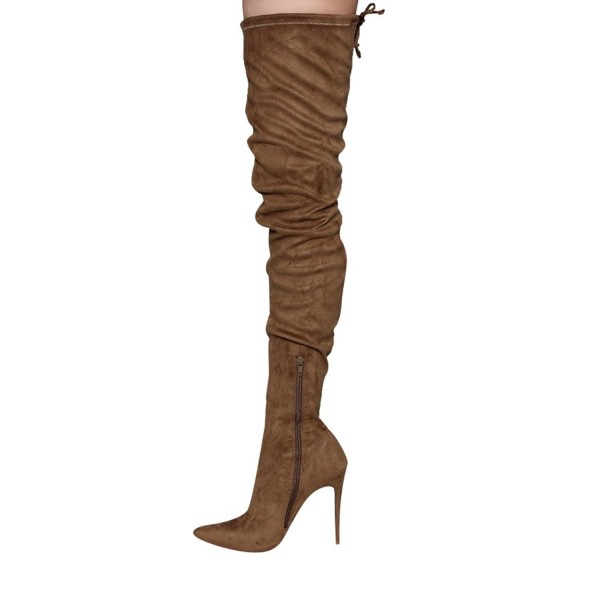 GE32 Women's Pointy Toe Drawstring Thigh High Stiletto Boots - Olive ...