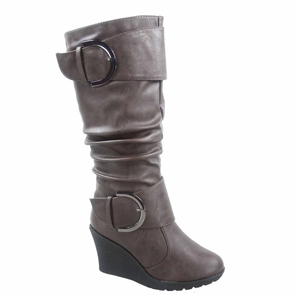 Pure-65 Women's Fashion Round Toe Slouch Buckle Wedge Mid Calf Boot ...
