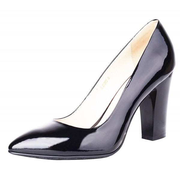 Women's Classic High Chunky Heel Genuine Leather Pump Shoes - Black ...
